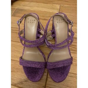 NWOB A New Day purple sparkle/glitter block, open toe, ankle strap pumps 6.5
